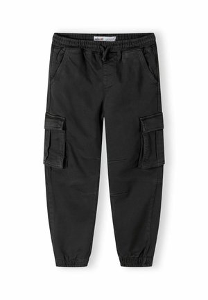 Schwarze Cargo-Hosen aus Baumwolle mit einem elastischen Bund. Zu den Merkmalen gehören Seitentaschen und elastische Bündchen an den Knöcheln.