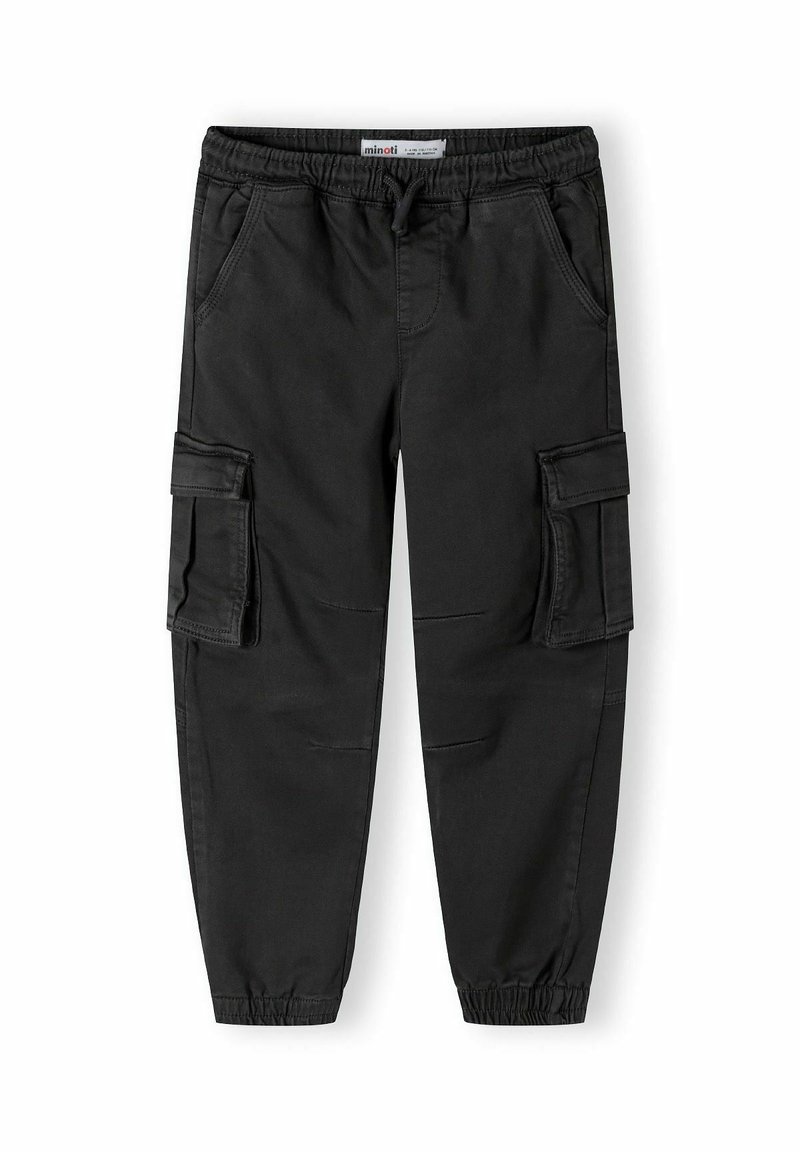 Pantalons cargo noirs en coton avec une taille élastique. Caractéristiques : poches latérales et poignets élastiques aux chevilles.
