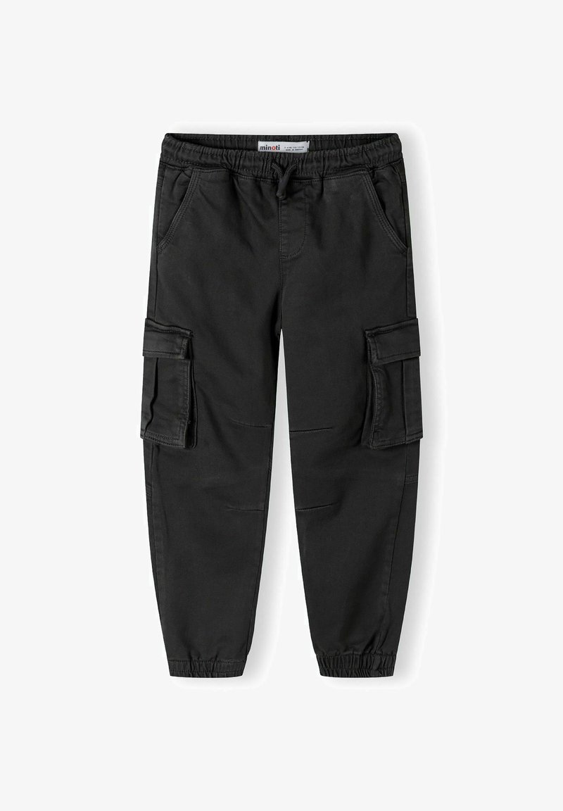 Svarta cargo-byxor i bomull med elastisk midja. Funktioner inkluderar sidofickor och elastiska muddar vid anklarna.