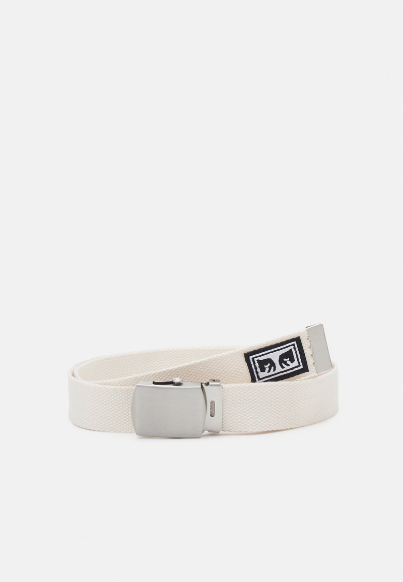 White woven fabric belt with a silver metal buckle and a small black logo patch. Features a smooth texture and flat design.