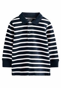 Navy und weiße gestreifte Langarm-Polohemd aus Baumwolle mit geripptem Kragen, Knopfleiste und seitlichen Schlitzen am Saum.