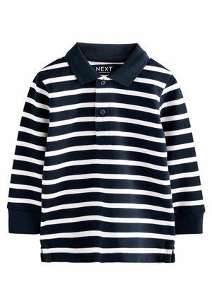 Mörkblå och vit randig långärmad polo t-shirt i bomull med ribbad krage, knäppning fram och sidohål i fållen.