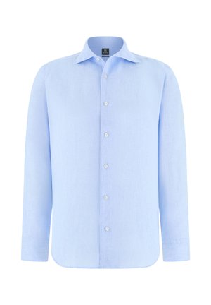 Lichtblauw herenoverhemd met lange mouwen, voorzien van een klassieke kraag en witte knopen aan de voorkant, gepresenteerd op een witte achtergrond.