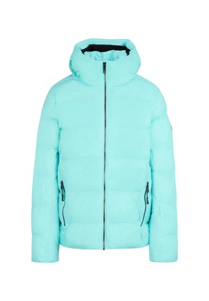 Türkisfarbene Steppjacke mit Kapuze, ausgestattet mit einem Frontreißverschluss, seitlichen Reißverschlusstaschen und einem gesteppten Design. Glatte, glänzende Textur.