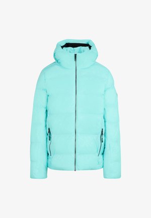 Türkisfarbene Steppjacke mit Kapuze, ausgestattet mit einem Frontreißverschluss, seitlichen Reißverschlusstaschen und einem gesteppten Design. Glatte, glänzende Textur.