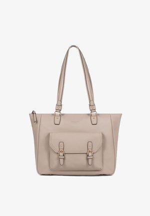 Beige leren boodschappentas met dubbele schouderbanden en een voorvak met twee gespsluitingen en goudkleurige hardware.