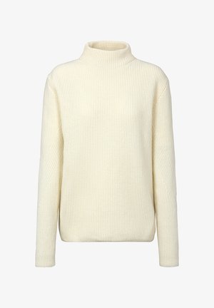 Pull supérieur à col roulé côtelé de couleur crème ; manches longues, coupe décontractée, tissu texturé avec un motif subtil.