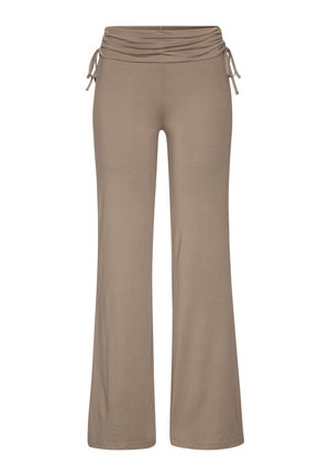 Beige, ausgestellte Hosen aus einem weichen, dehnbaren Stoff. Mit einem gerafften Bund und einer Kordelzug-Detail. Einfaches, klares Design ohne Muster.