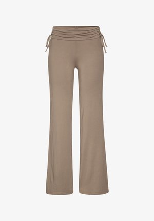 Beige, ausgestellte Hosen aus einem weichen, dehnbaren Stoff. Mit einem gerafften Bund und einer Kordelzug-Detail. Einfaches, klares Design ohne Muster.