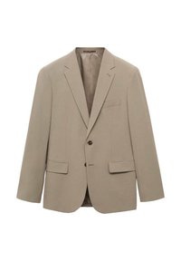 Beige blazer with notched lapels, single-breasted design, two front pockets, and single button closure. Smooth fabric texture.