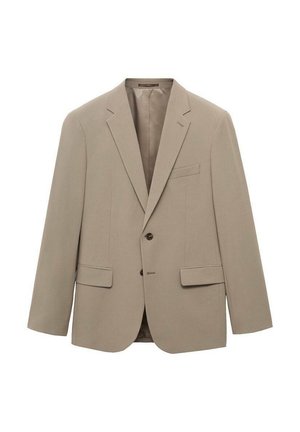 Beige Blazer mit Reverskragen, einreihigem Design, zwei Vordertaschen und einfachem Knopfverschluss. Glatte Stofftextur.