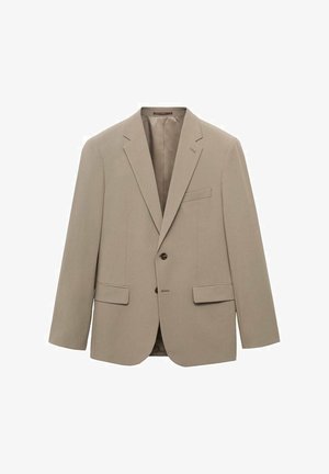 Beige blazer with notched lapels, single-breasted design, two front pockets, and single button closure. Smooth fabric texture.