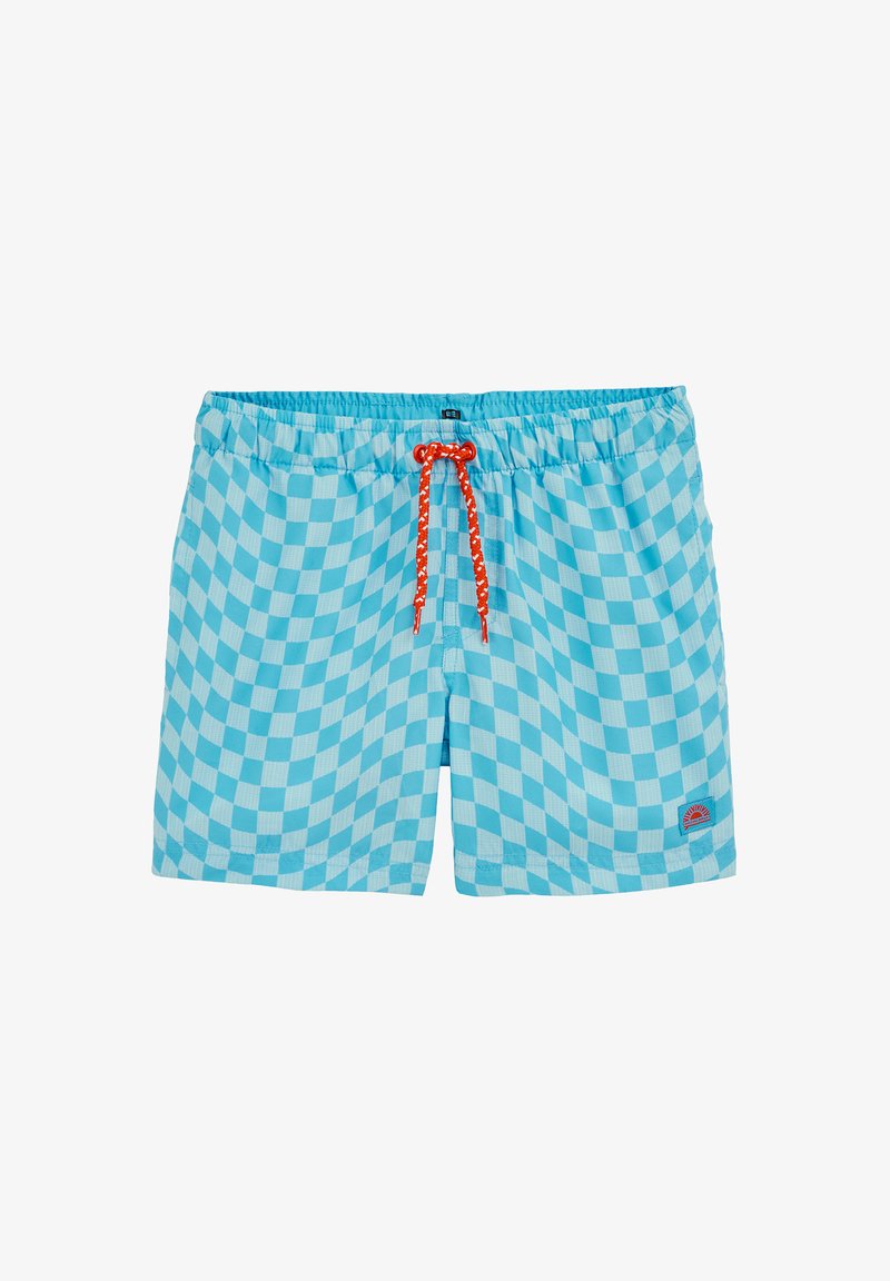 Světlé modré plavky s kostkovaným vzorem, elastickým pasem a červeným šňůrkem. Na spodní levé straně je malá značka.