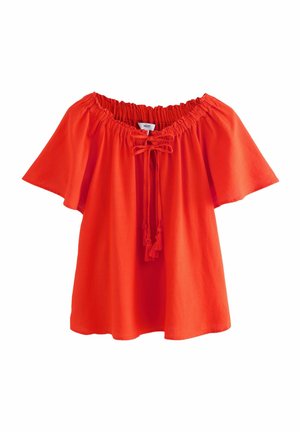 Rode off-the-shoulder blouse met korte uitlopende mouwen, koordsluiting bij de hals, elastische bovenkant en lichte stof.