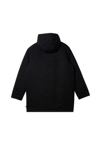 Schwarze Kapuzenjacke mit geradem Schnitt, langen Ärmeln und einer glatten Textur. Die Rückansicht zeigt ein minimalistisches Design ohne sichtbare Hardware.