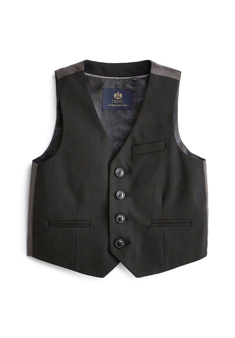 Gilet noir avec des revers pointus, six boutons noirs, deux poches avant et une doublure intérieure à motifs. Le matériau semblerait lisse et ajusté.
