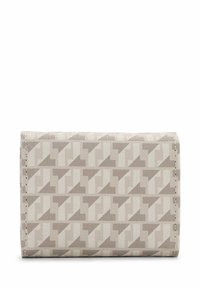 Beige wallet featuring a geometric pattern in light and dark shades, with a smooth texture and stitched edges. Compact rectangular design.
