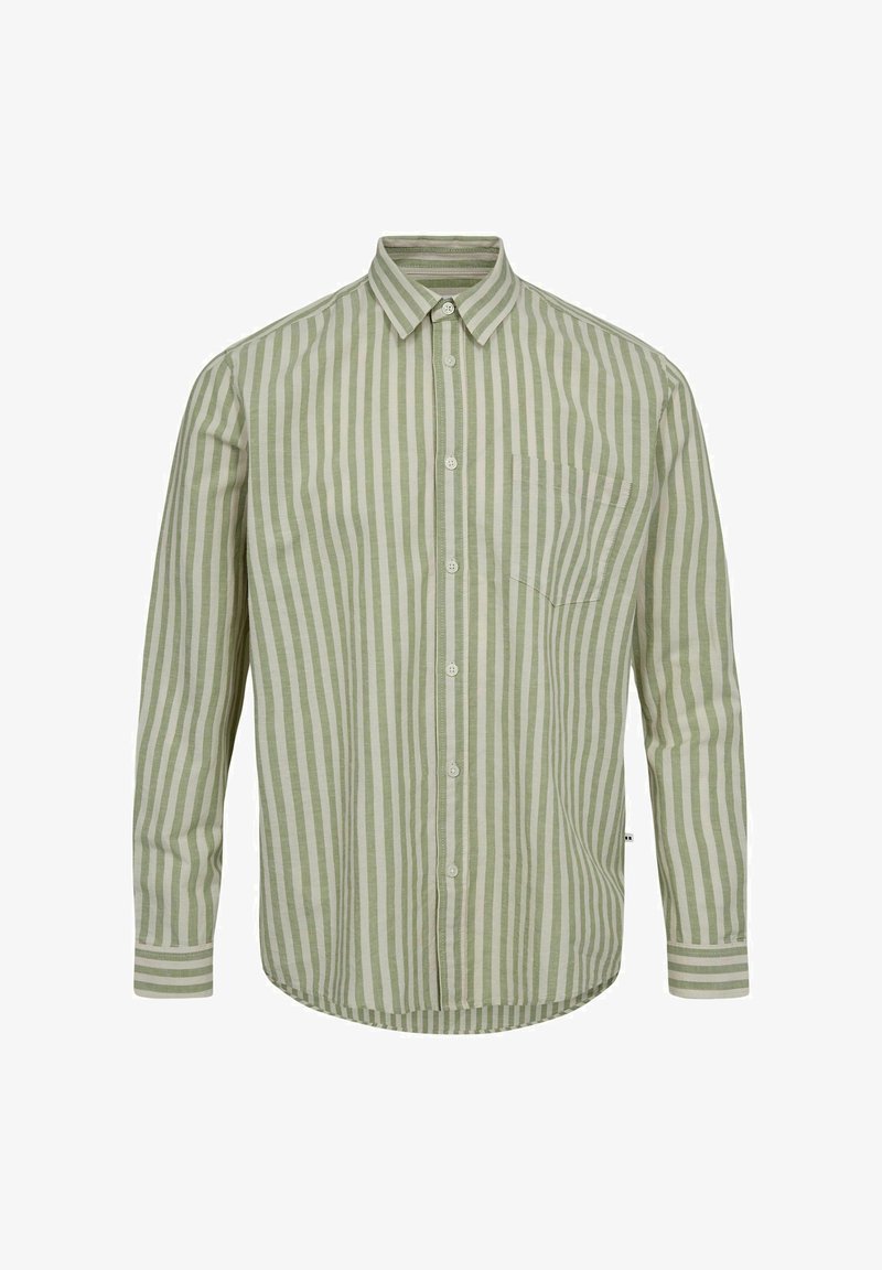 Lys grøn stribet skjorte med krave, lange ærmer, knappet front og en enkelt brystlomme. Glat stoftekstur.