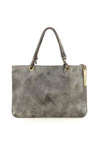 Borsa in pelle grigia texturizzata con doppio manico, hardware dorato e una zip decorativa che presenta un'etichetta di metallo.