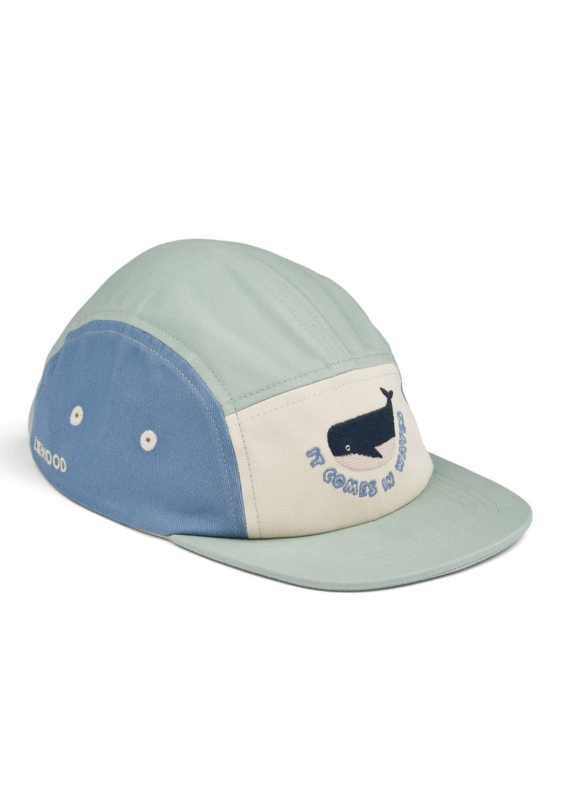 Multi-panel cap featuring light green, blue, and tan fabric. Front has an embroidered whale design with the text "It Comes in Waves."