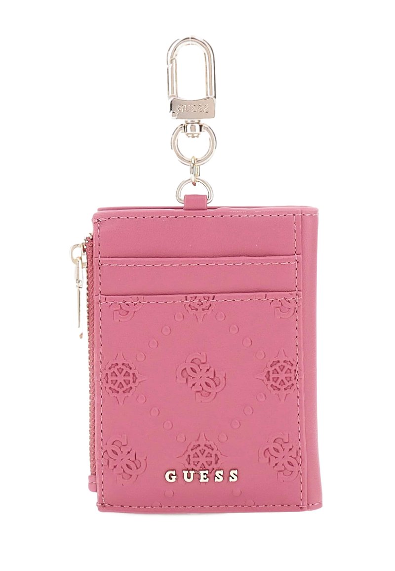 Portefeuille synthétique rose avec un motif décoratif en relief, une fermeture éclair, et des finitions en métal argenté avec un clip pour attache.