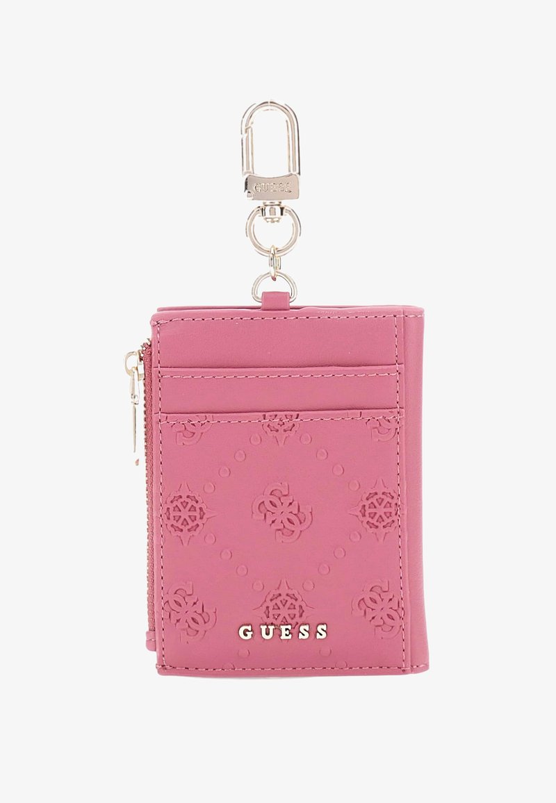 Pink synthetic wallet featuring embossed decorative pattern, a zip closure, and silver-colored hardware with a clip for attachment.