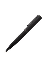 Černé kuličkové pero s texturovaným hřebíčkovým úchopem, elegantním tělem, chromovými akcenty a klipem na připevnění.