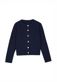 Cardigan en tricot côtelé bleu marine à manches longues, col rond et six boutons imitation perle sur le devant. Texture douce et coupe ajustée.