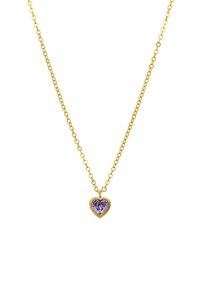 Gouden ketting met een hartvormige paarse edelsteen hanger met een gestructureerde gouden rand. Verstelbare lengtedesign.