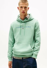Mintgrøn hættetrøje med frontlomme, prydet med "TOMMY JEANS" logo i blå. Båret over en ternet skjorte og kombineret med blå jeans.