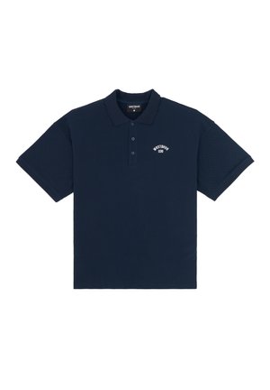 Navy blue polo shirt made of textured fabric, featuring a three-button placket and a small white logo on the left chest.