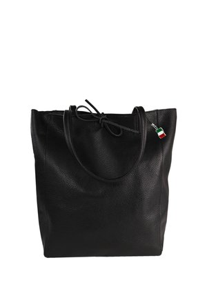 Black textured leather tote bag with two handles, a tied leather strap closure, and a small Italy flag charm on one side.