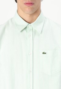 Camicia button-down a righe verde chiaro con colletto, dotata di tasca sul petto e di un piccolo logo ricamato sulla tasca.