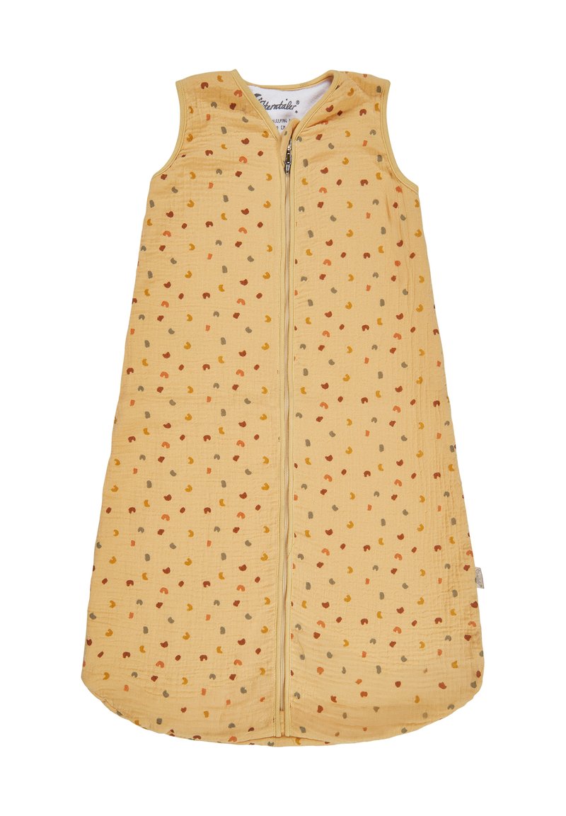 Gelber Baby-Schlafsack aus weicher Baumwolle, mit einem Reißverschluss vorne, ärmellosem Design und verstreuten bunten Punkten.