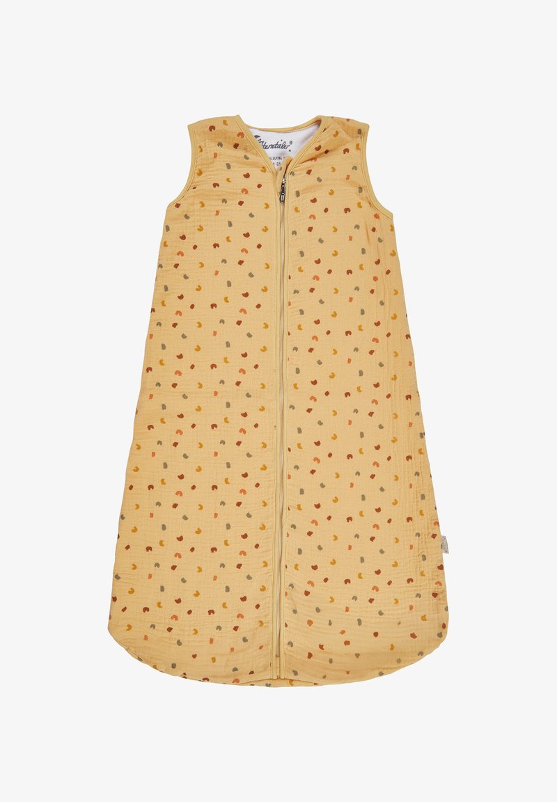 Gelber Baby-Schlafsack aus weicher Baumwolle, mit einem Reißverschluss vorne, ärmellosem Design und verstreuten bunten Punkten.