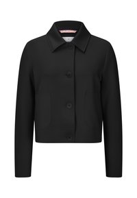 Schwarze, kurze Jacke aus glattem Stoff, mit einem Reverskragen, Vorderknopfverschluss und zwei aufgesetzten Taschen vorne.