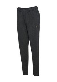 Dark gray sweatpants with an elastic waistband, tapered legs, and a subtle logo on the left side. Made of soft, flexible material.