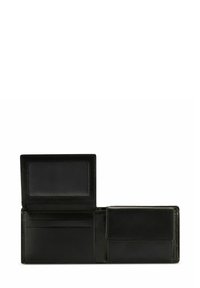 Czarny skórzany portfel o gładkiej fakturze, wyposażony w przezroczyste okienko na dowód tożsamości, wiele przegródek na karty oraz boczną kieszeń na gotówkę lub karty.