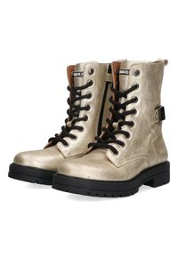 Gouden metallic combatlaarzen met zwarte veters, een zijrits, bruine accenten op de kraag en een gestructureerde rubberen zool.