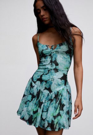 Bershka SEQUIN STRAPPY WITH FLARED SKIRT - MINI DRESS - Robe de soirée - turquoise