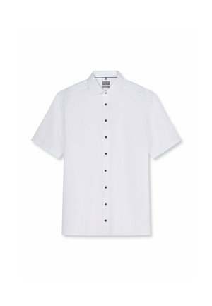 Chemise blanche à manches courtes avec boutons noirs, col pointu et poche poitrine, présentée sur un fond blanc.