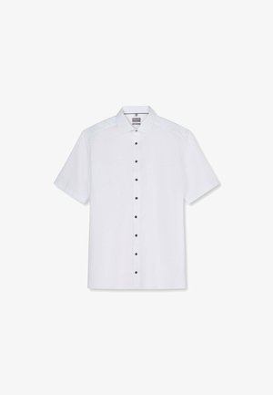 Chemise blanche à manches courtes avec boutons noirs, col pointu et poche poitrine, présentée sur un fond blanc.