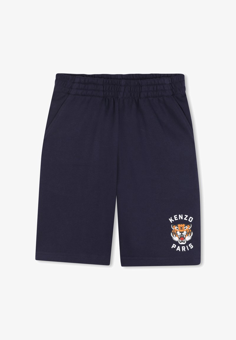 Marineblauwe shorts van katoen, uitgerust met een elastische tailleband, twee zijzakken en een bedrukt tijgerlogo met de tekst "KENZO PARIS".