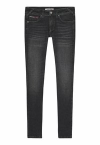 Jeans skinny de denim negro con una textura suave, diseño de cinco bolsillos y un sutil efecto desgastado. Presenta una cremallera y un cierre de botón metálico.