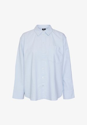 Világoskék, hosszú ujjú ing, klasszikus gallérral és bal oldali mellzsebbel, sima pamut anyagból készült.