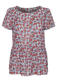 Blouse à manches courtes en tissu transparent avec un motif floral mêlant des fleurs rouges et bleu clair sur fond gris, et une taille froncée.
