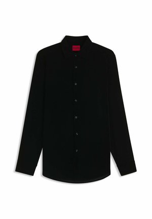 Camicia nera a maniche lunghe realizzata in tessuto liscio con frontale con bottoni, collo e etichetta rossa a contrasto sul collo.