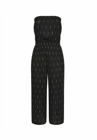 Svart strapless jumpsuit med fitted midja och vida ben, med ett subtilt guldmönster genom hela plagget för detalj och textur.