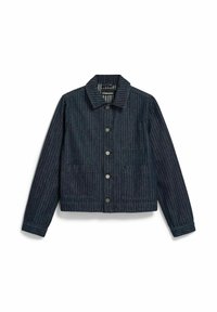 Veste en denim foncé avec un motif à rayures verticales, fermeture à boutons sur le devant, col pointu et deux poches plaquées à l'avant. Finition en tissu texturé.