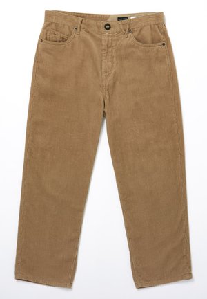 Corduroy pants in a light brown color, featuring vertical ribbed texture, five-pocket design, and a button closure at the waist.